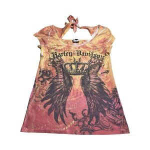 VTG Harley Davidson R.K Stratman Women's‎ M Orange Yellow Tie Back T Shirt